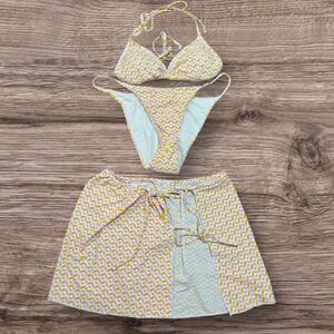 Cabana del Sol Bikini 3 Piece Set Skirt Cover Up Geometric Print Swimsuit 
Large